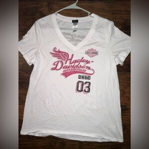 Harley-Davidson White and Pink Tee with Rhinestone Detailing